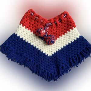 1970s girls Vintage red, white & blue knit Poncho, arm holes & fringe | handmade